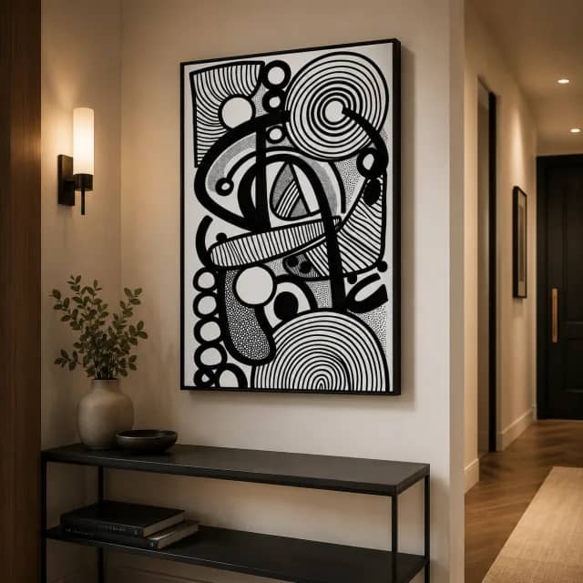 Black and white abstract wall art in a black frame above a console in an elegant apartment entry