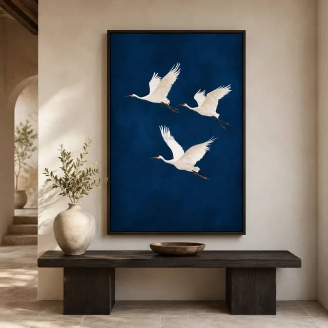 Blue Quiet Flight in a black floater frame above a slim entry console