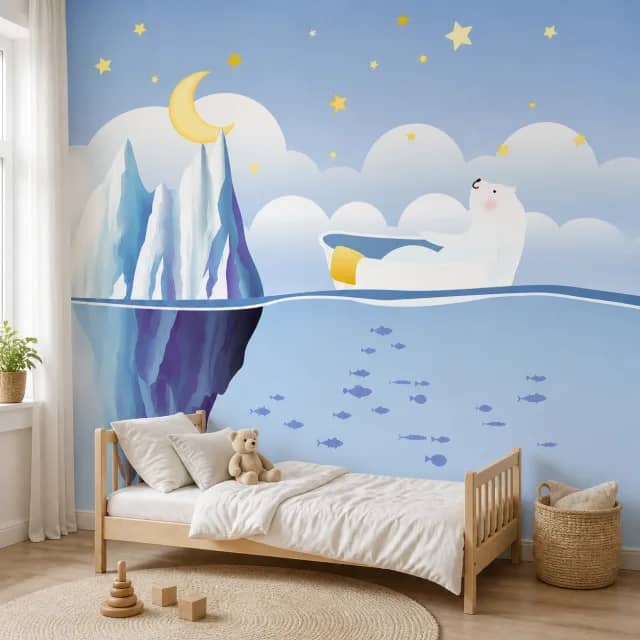Polar Bear Starry Adventure mural installed in a calm wood-accented children's bedroom