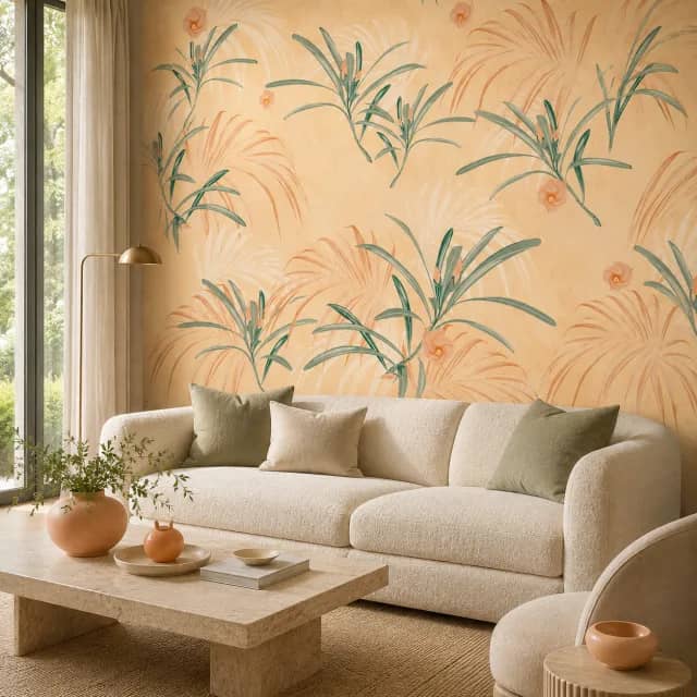 Peach botanical wallpaper behind a cream sofa in a calm living room