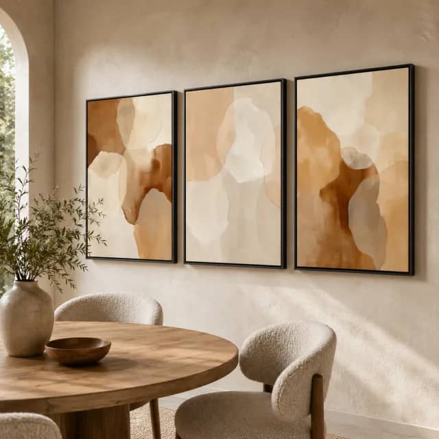 Caramel Whisper in black frames in a dining nook with wood and earthy tones