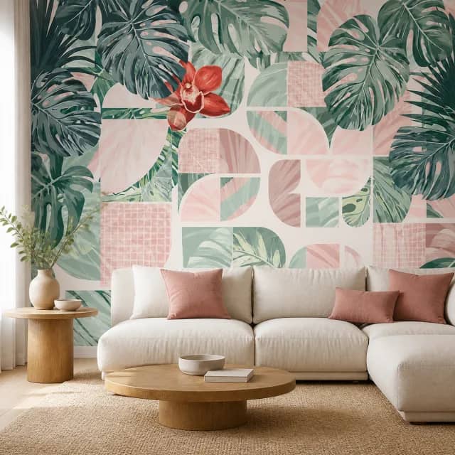 Geometric monstera wallpaper in a calm living room