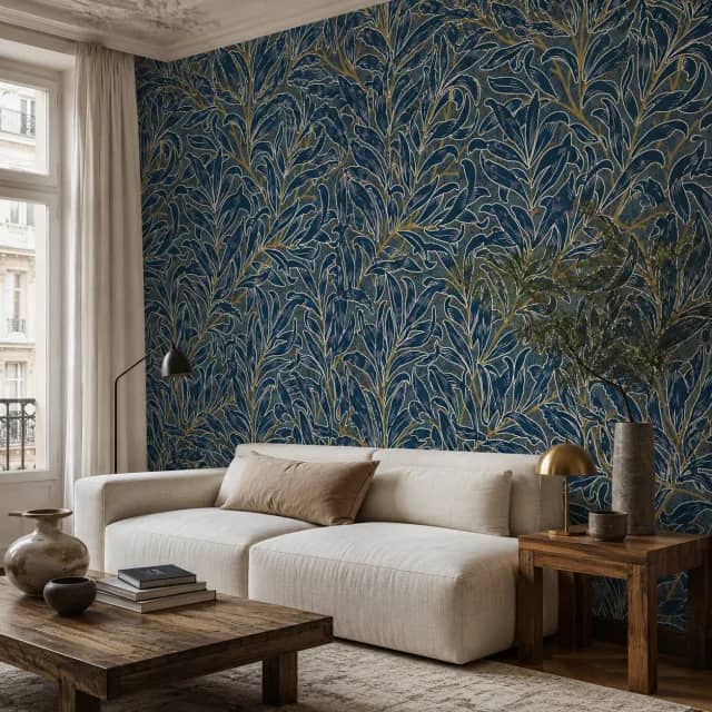 Navy tropical foliage wallpaper behind a sofa in an elegant living room