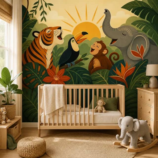 Jungle animal mural in a nursery