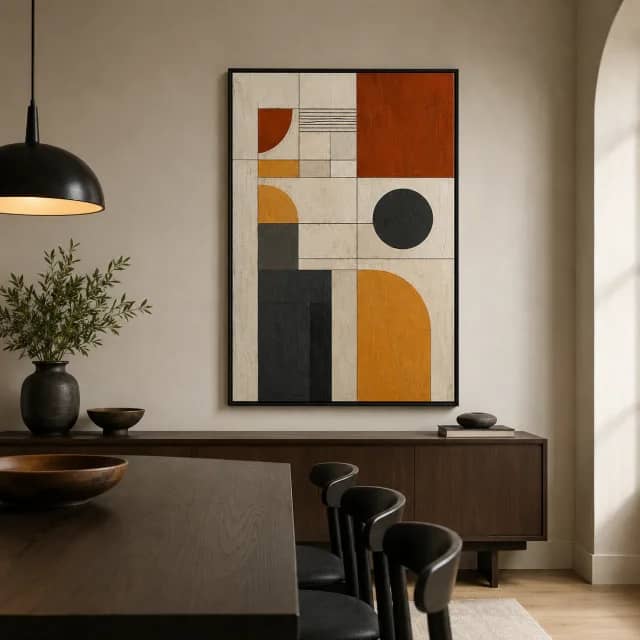 Modern geometric canvas art in orange and charcoal above a dining room sideboard