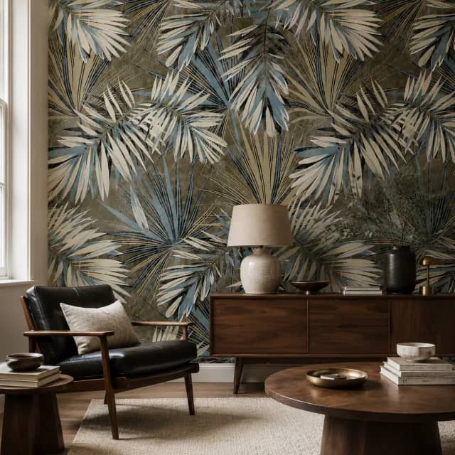 Palm wallpaper behind a walnut console and black leather lounge chair