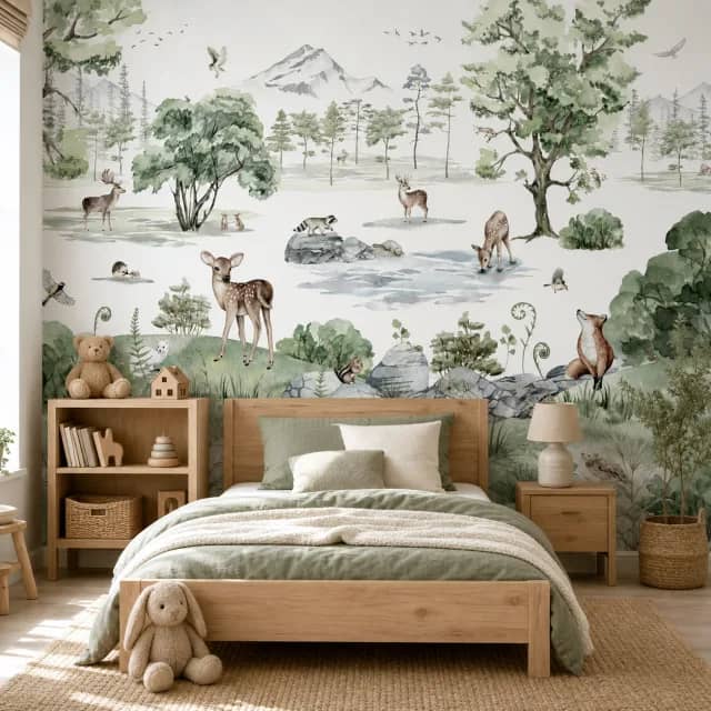 Green Woodland Valley mural installed in a child's bedroom