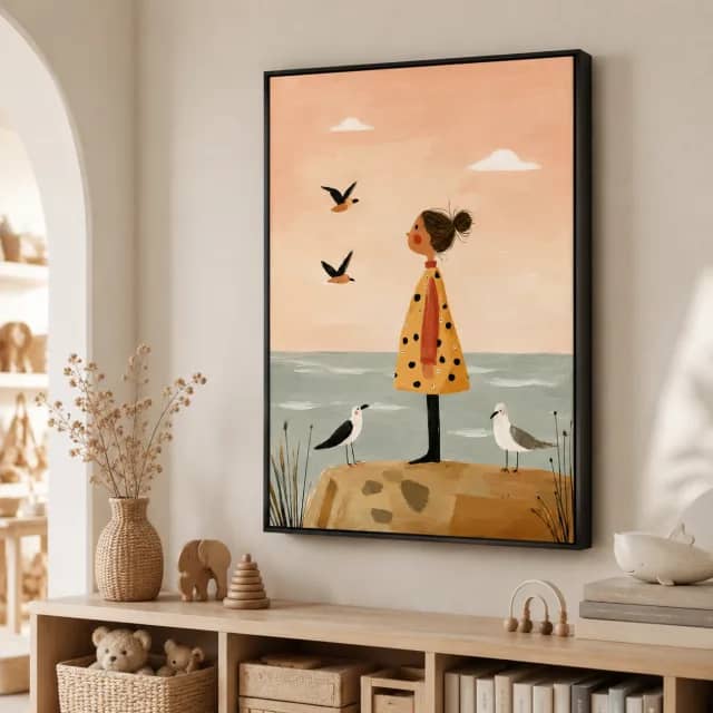 Companion of the Gulls in a black frame in a simple kids decor display above a light console
