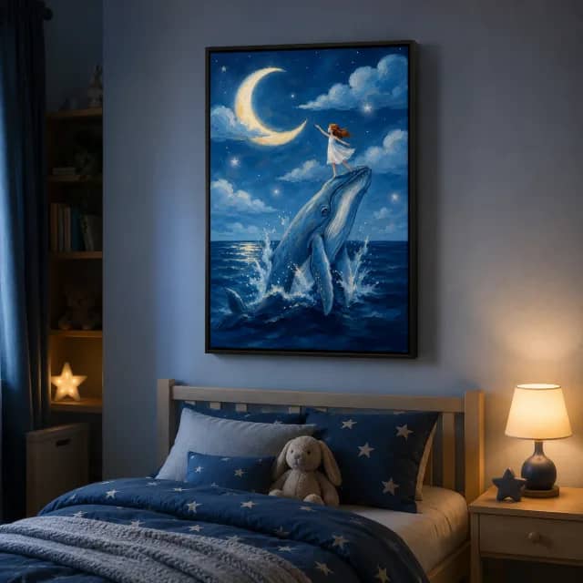 Moon Whale Dream in a black frame above a child's bed in a peaceful bedroom