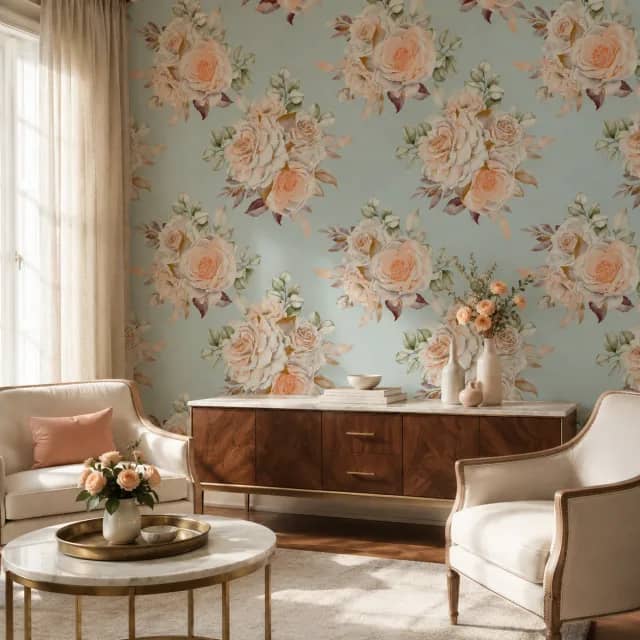 Peach rose wallpaper in an elegant salon with a wood console