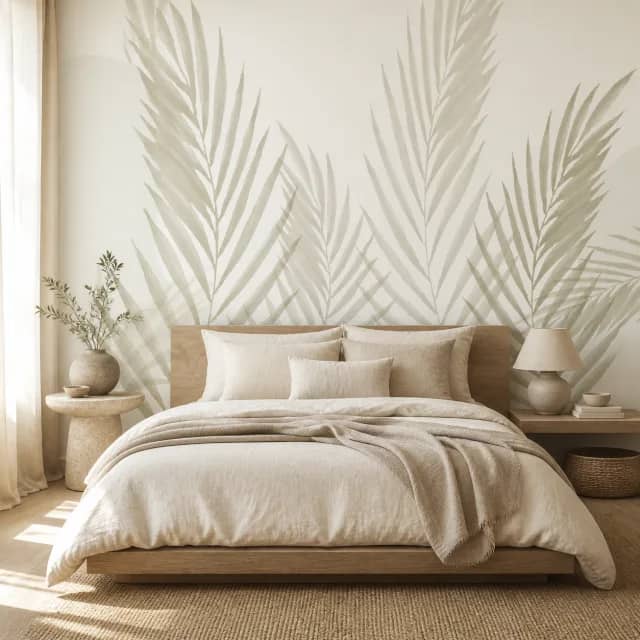 Neutral palm mural installed in a warm minimalist bedroom
