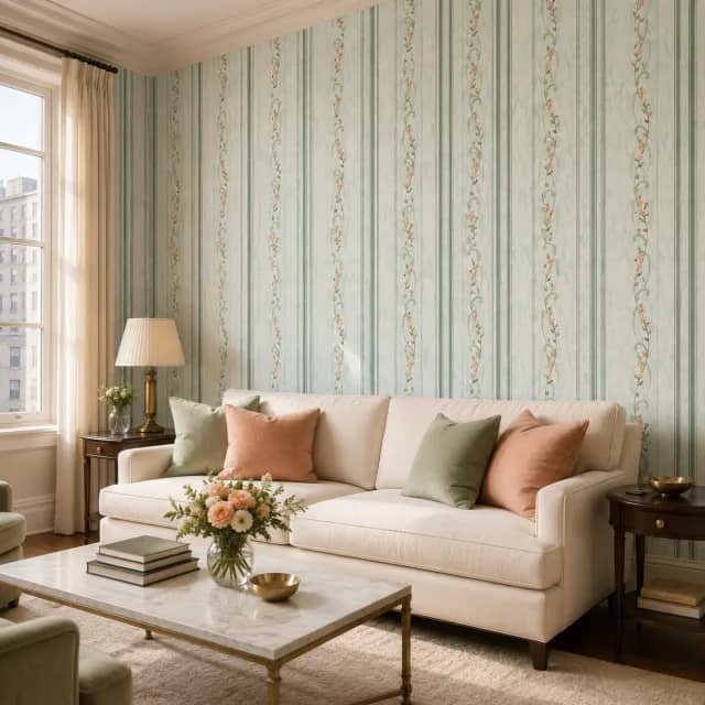 Floral vine wallpaper behind a cream sofa in a refined living room