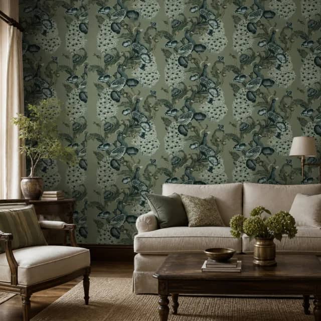 Sage peacock mural in a heritage living room