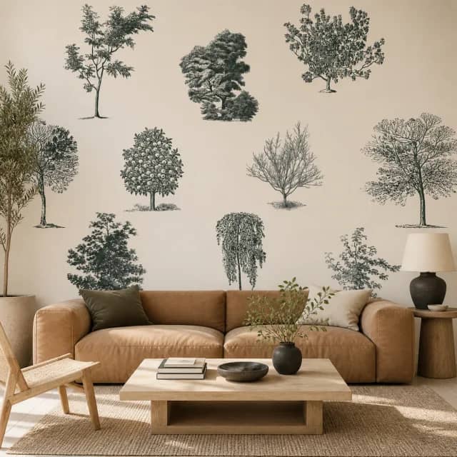 Engraved tree mural in a natural living room