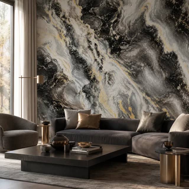 Black and gold marble wallpaper installed in a luxury living room