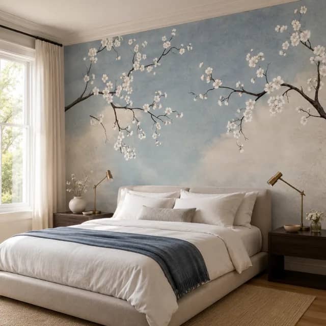 Cherry blossom wallpaper installed behind a bed in a calm bedroom