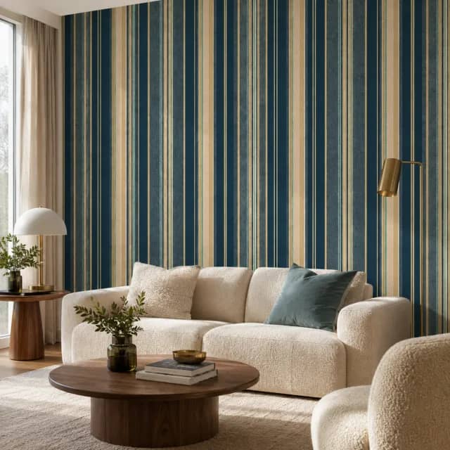 Petrol blue striped wallpaper behind a cream sofa in a living room