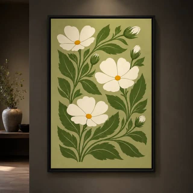 White Olive Garden in a black floater frame in a calm gallery nook