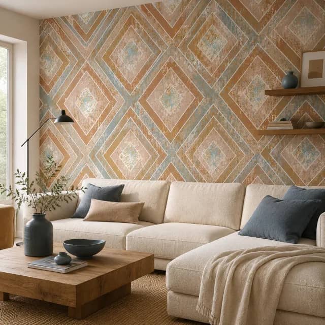 Distressed geometric wallpaper sample sheet styled on neutral fabric