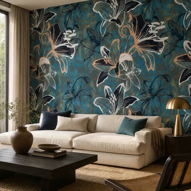 Teal lily wallpaper installed in a modern living room