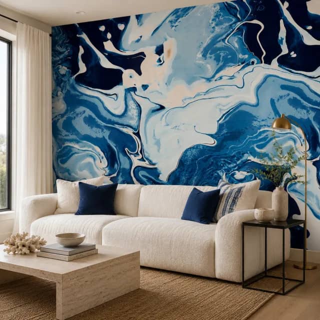 Blue marble wallpaper mural in a modern coastal living room