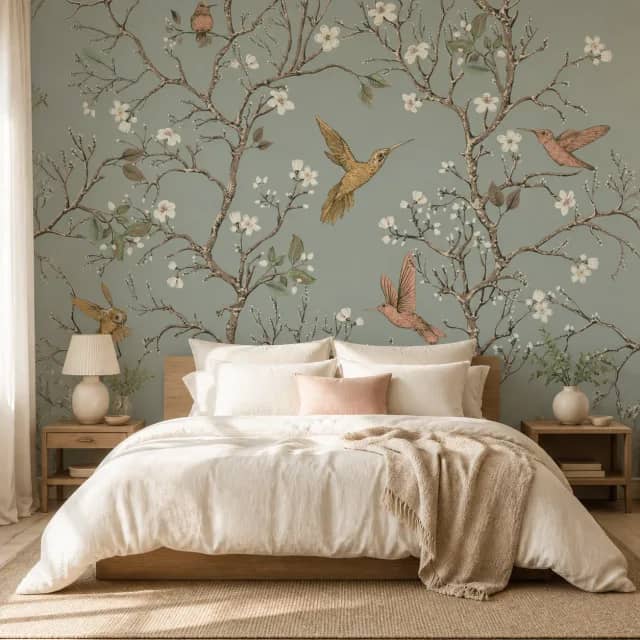 Sage hummingbird mural behind a bedroom bed