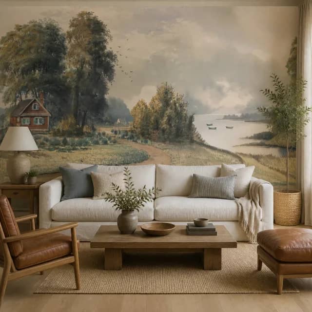 Warm living room with a panoramic cottage and lake mural