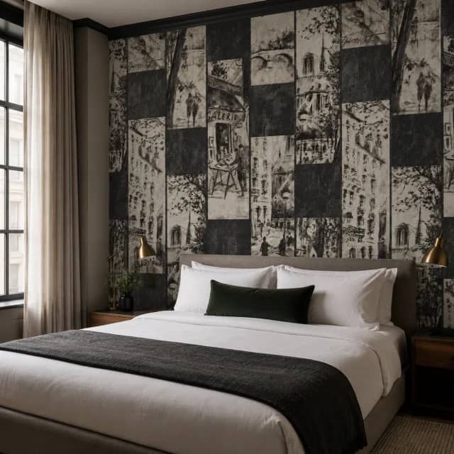Grey urban collage mural wallpaper installed behind a modern hotel bed