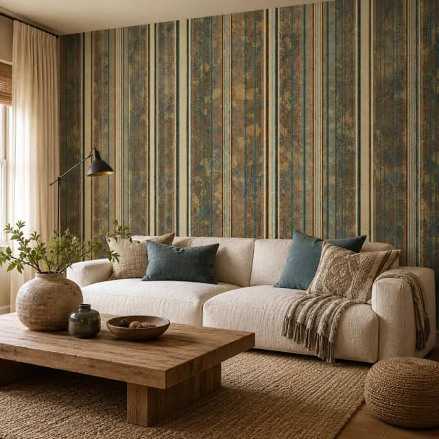 Woven stripe wallpaper installed in a warm bohemian living room