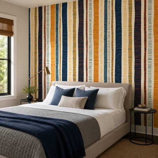 Modern stripe wallpaper installed behind a bed in a calm bedroom