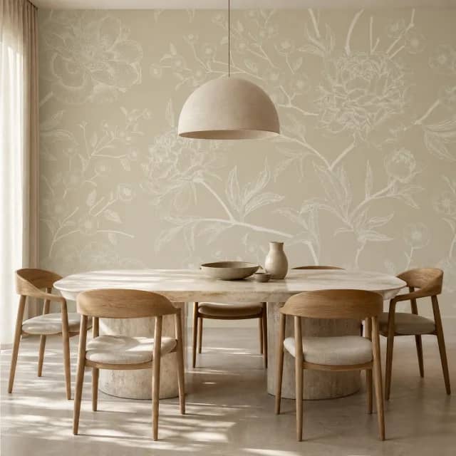 Ivory botanical mural behind a travertine table and oak chairs in a dining room