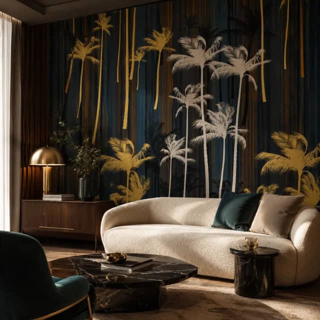 Luxury palm wallpaper installed behind a cream sofa in a boutique lounge