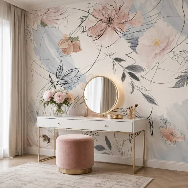 Soft Floral Line Art interior wallpaper mockup
