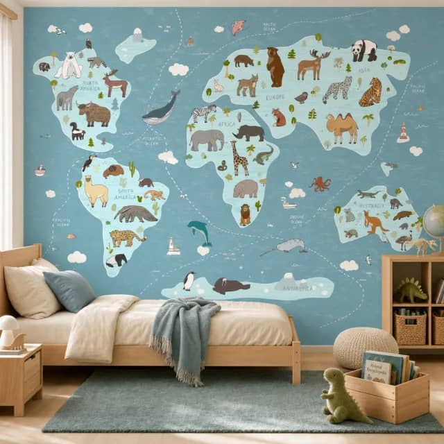World animal map wallpaper mural in a children's bedroom