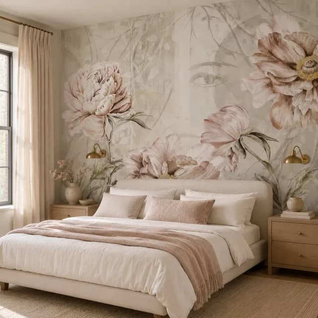 Calm bedroom with Blush Floral Muse mural wallpaper behind the bed