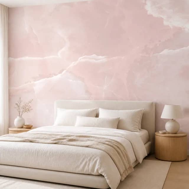 Rose quartz inspired mural in a serene bedroom