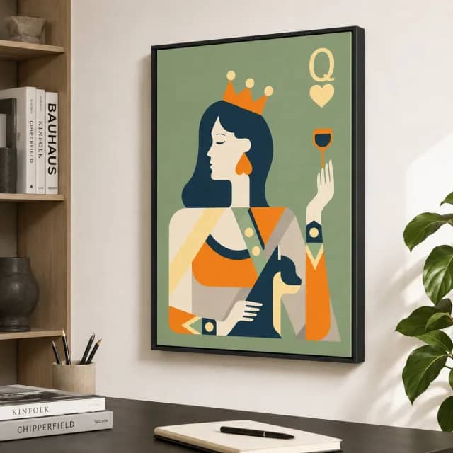 Quiet Queen of Hearts in a black frame in a modern creative studio corner