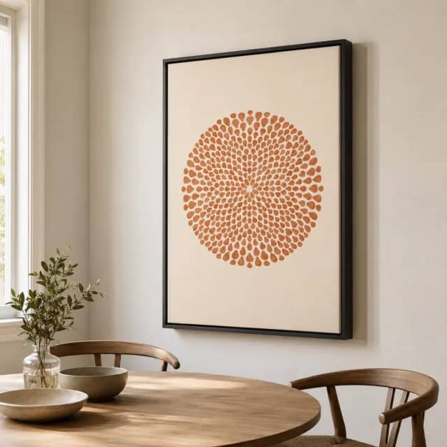 Circular terracotta artwork in a black floater frame in a compact dining corner with a round table