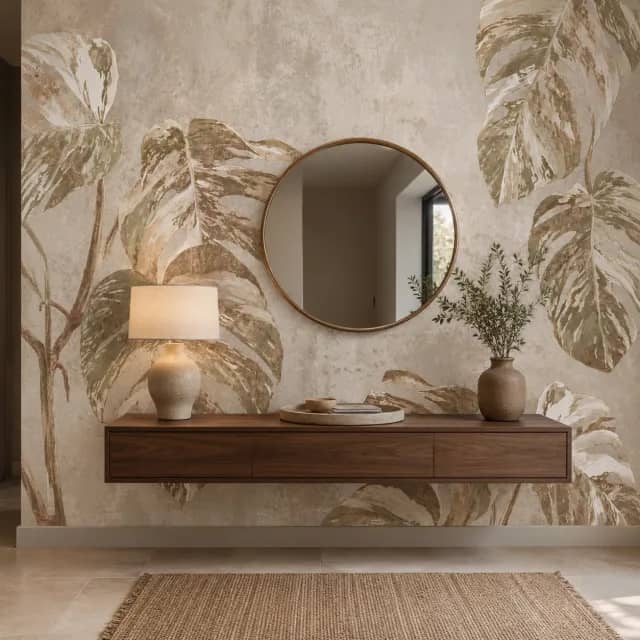 Beige monstera wallpaper mural installed on an elegant interior wall