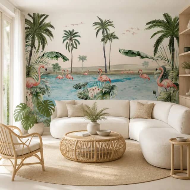 Flamingo and palm mural on a bright resort-inspired living room wall