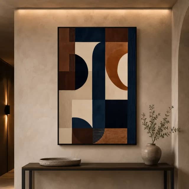 Clay and Night Rhythm in a black floater frame above a console in a warm boutique entry
