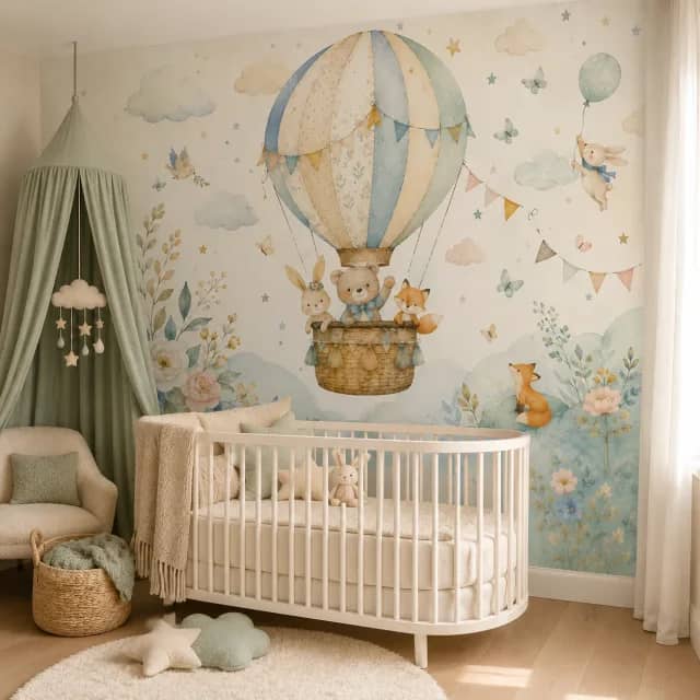 Hot air balloon baby animals wallpaper mural room mockup 1