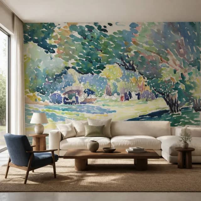 Colorful watercolor garden mural in a contemporary living room
