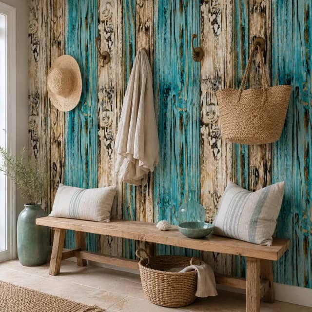 Turquoise wood plank wallpaper in a coastal entryway with a wooden bench