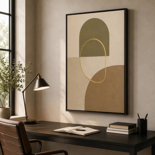 Earth and Gold Arches artwork in a black frame inside a warm home office