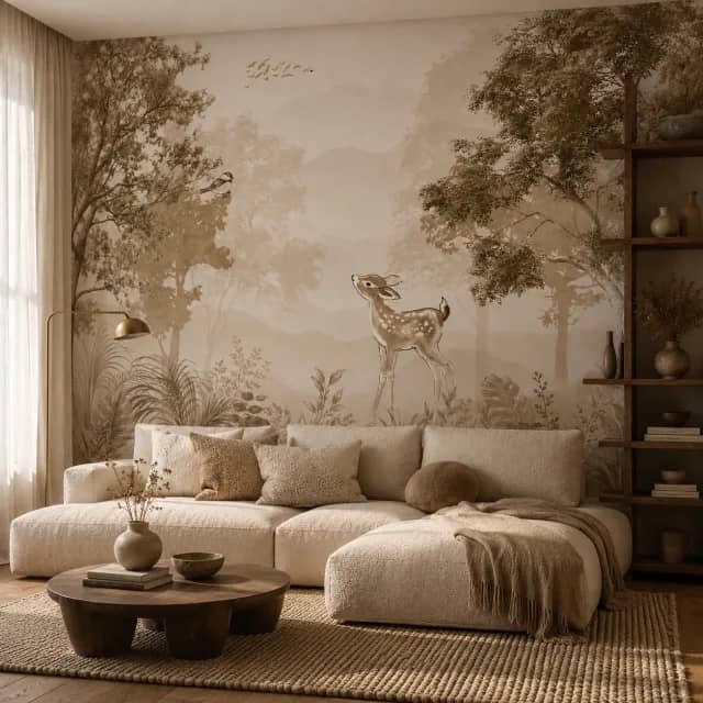 Deer woodland wallpaper in a warm living room with a neutral sofa