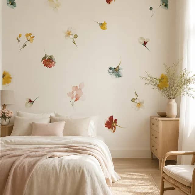 Watercolor floral mural covering a bright bedroom wall