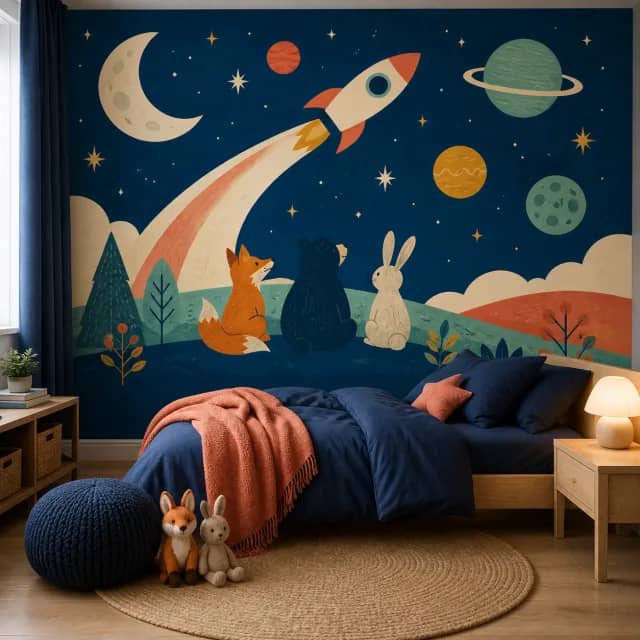 Space journey mural installed in a navy children's bedroom