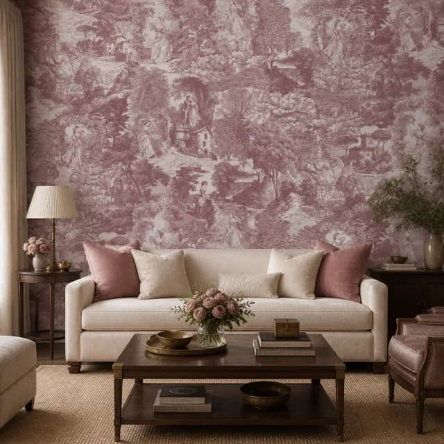 Rose toile mural installed in a classic living room