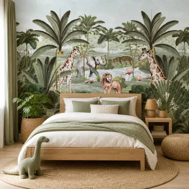 Safari animals mural installed in a children's bedroom